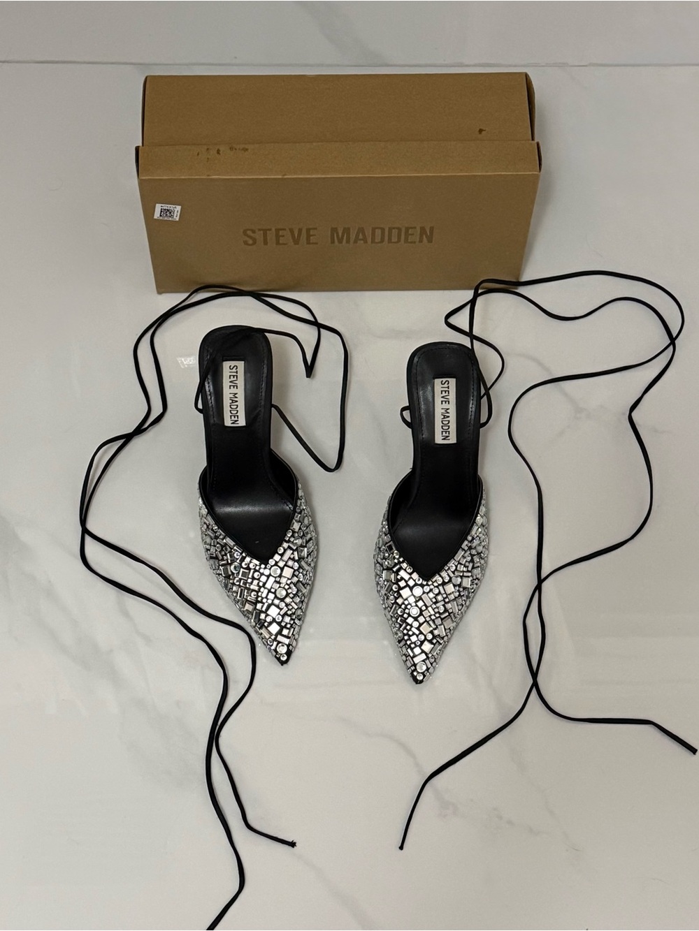 Steve Madden Ravesh-R Silver Rhinestone Kitten Heel Lace-Up Heels